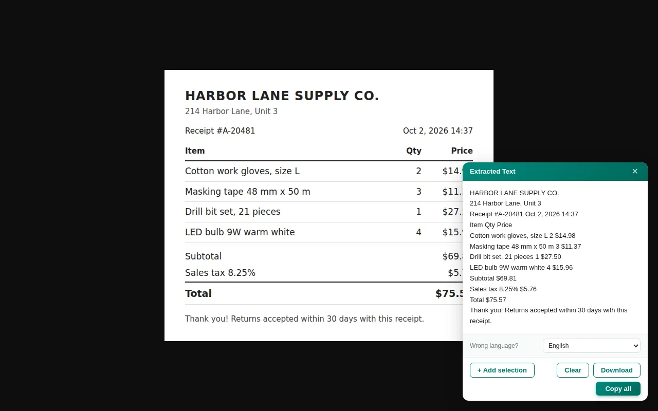 Extracted Text panel with every line of the receipt and Copy all and Download buttons