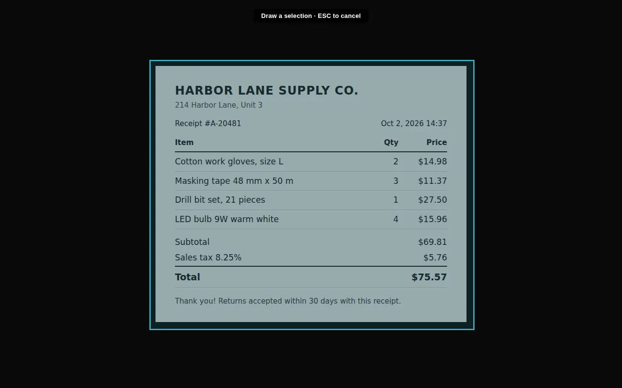 Drawing a selection box over a receipt with Extract Text from Image in Chrome