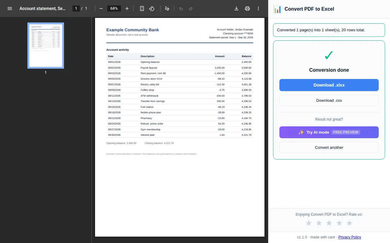 A bank statement PDF open in Chrome with the Convert PDF to Excel panel on the right showing Conversion done and Download .xlsx