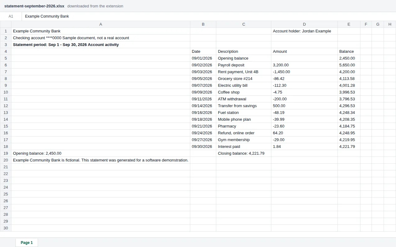 Contents of the downloaded xlsx file shown as a spreadsheet grid with Date, Description, Amount and Balance columns