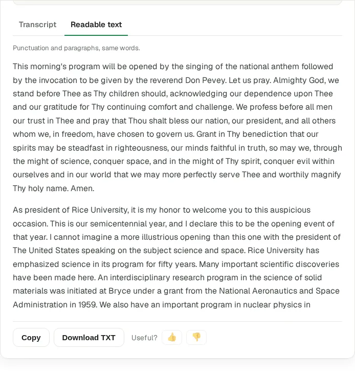Readable text view: the same words as the transcript with punctuation and paragraphs