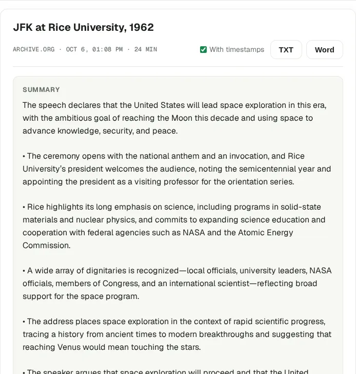Built-in summary of the JFK speech: one line with the main point, then bullet points in the order of the speech