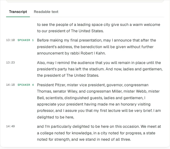 Transcript of the JFK Rice University speech with timestamps, where the host hands over to Kennedy and a new speaker label appears