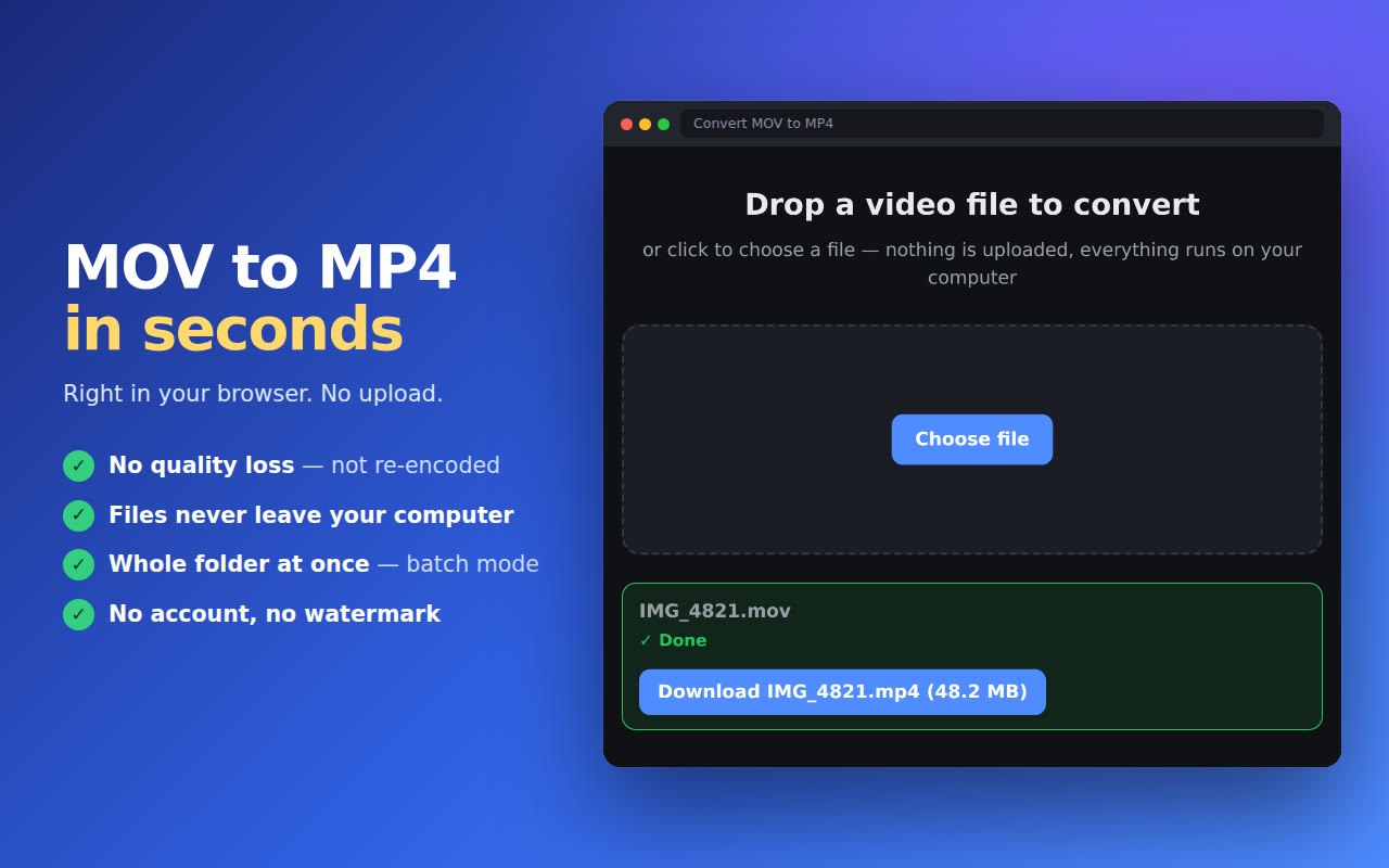 Convert MOV to MP4 extension: IMG_4821.mov converted, Download IMG_4821.mp4 button
