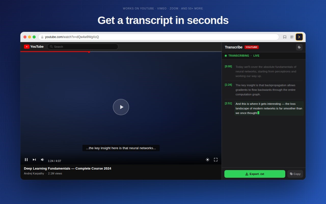 Transcribe Video to Text extension generating a live YouTube transcript with timestamps in a side panel, with an Export button